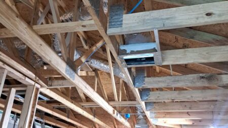 New insulated HVAC ductwork installed during residential home construction for efficient air distribution