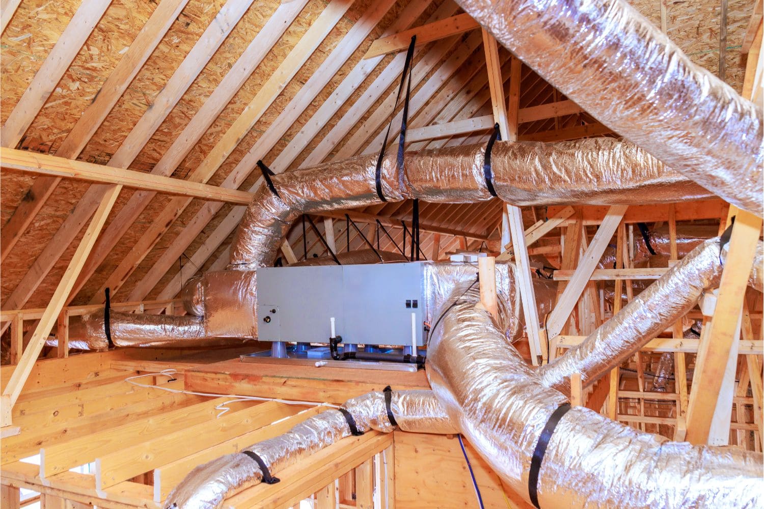 Residential HVAC flexible ductwork installed in an open attic during the home construction phase.